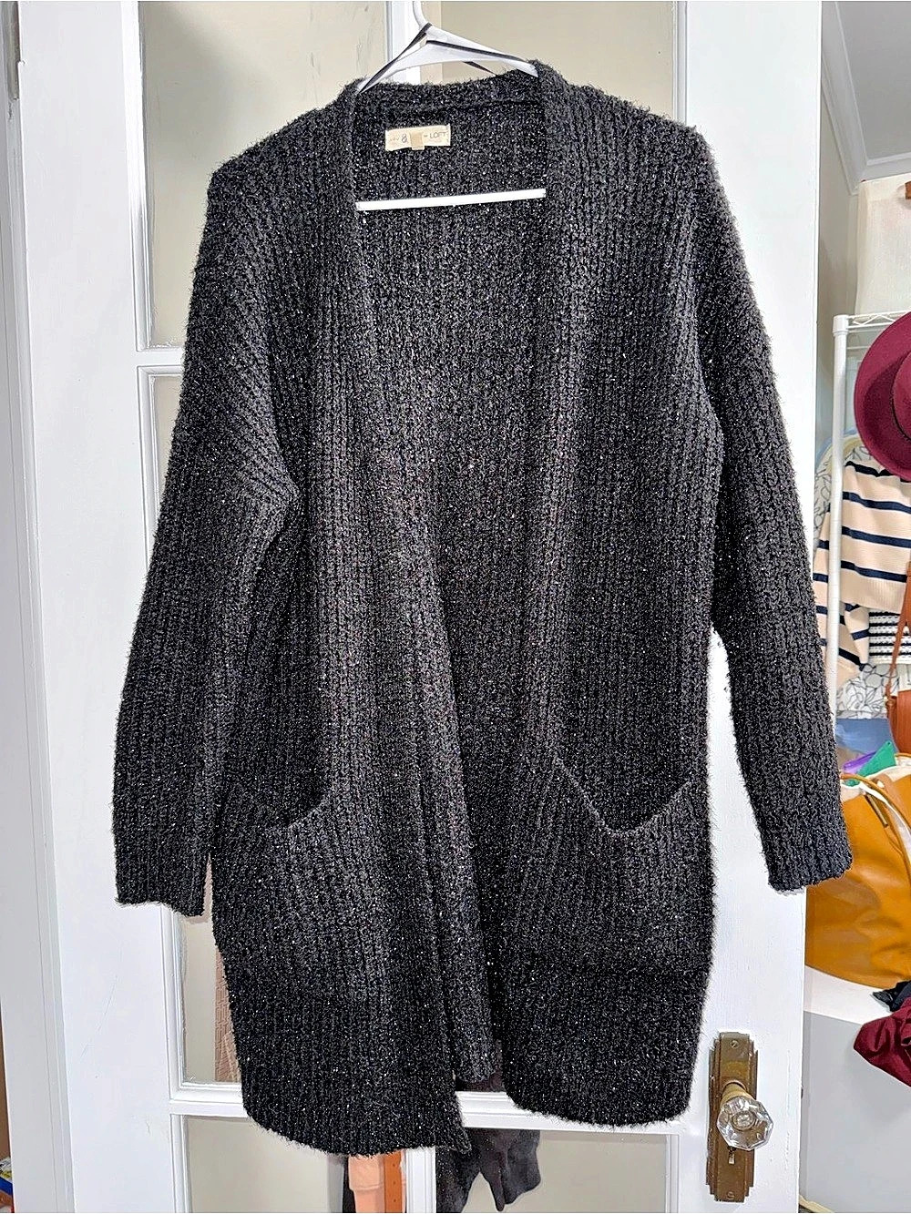 Lou & Grey Shimmer Frosty Fuzzy Cardigan Black Medium